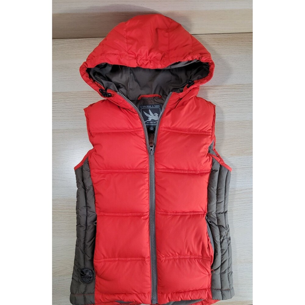 Duck Down Puffer Vest I. Spiewak & Sons Hooded Size XS Red Brown Full Zip Vtg